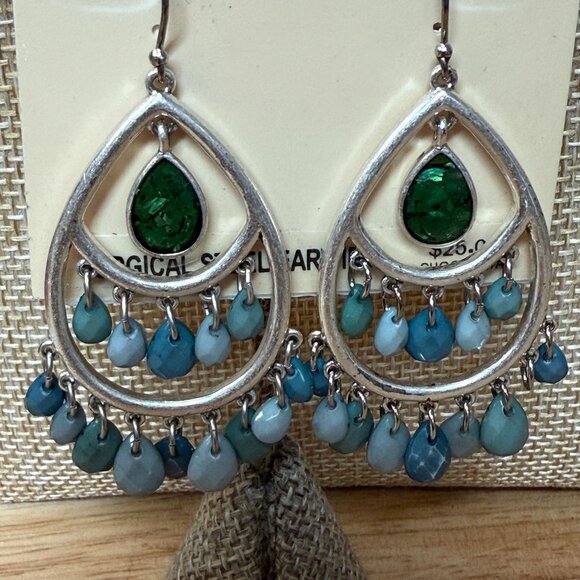 Liz Claiborne Silver-Tone Teardrop Earrings With Green & Blue Accents Surgical - Picture 2 of 5